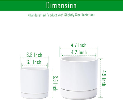 D'vine Dev 3.5 Inch & 4.7 Inch Ceramic Planter Pots for Plants with Drainage Hole and Saucer, X-Small Plant Pots Set, White, 94-G-XS-1