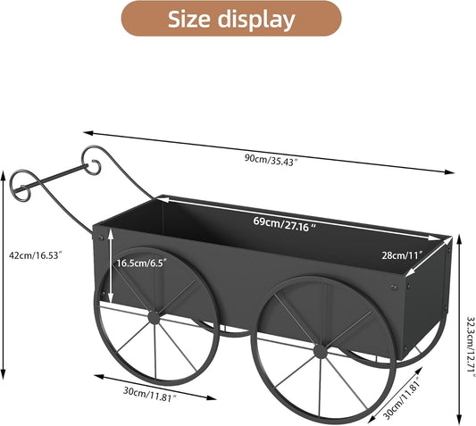 Metal Raised Garden Bed with Wagon Wheels, Small Wagon Planter Box Outdoor, Decorative Garden Planter Flower Cart for Flowers Herbs Vegetables, Patio and Balcony Decor (Black)