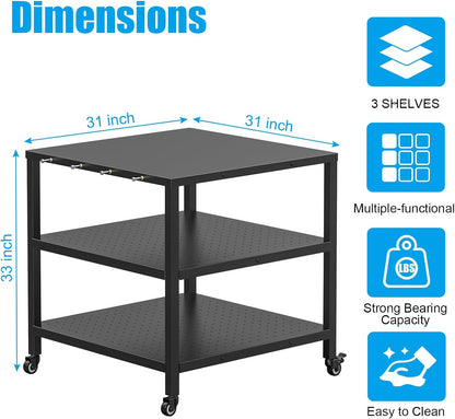 31x31x33 Inch Grill Cart for Outdoor Pizza Oven Table for Ooni, Blackstone, Ninja Grill Stand, Three-Shelf Movable Food Prep and Work Cart Station, Stainless Steel Trolley Table with Waterproof Cover