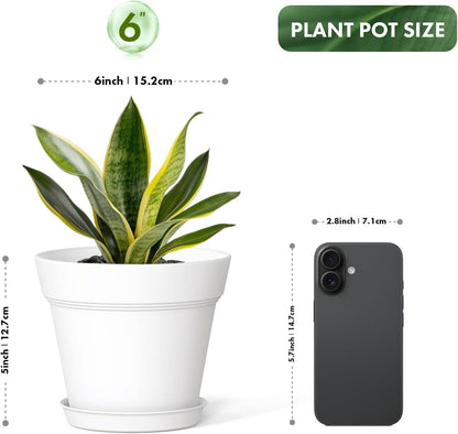 6 Inch Thick Plastic Plant Pots with Drainage Holes and Trays – 6 Pack Nursery Pots for Indoor & Outdoor House Plants, Seedling Starter Planters for Garden Flowers, White