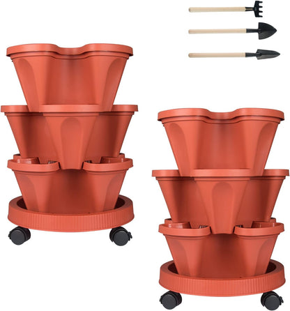 DUNCHATY Stackable Planters 3 Tier Vertical Garden Planting Tower Planters Strawberry, Herb, Flower, and Vegetable Planter Indoor Outdoor Gardening Pots with Removable Wheels and Tools, 2 Bundle