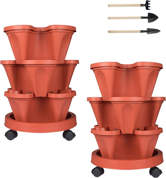 DUNCHATY Stackable Planters 3 Tier Vertical Garden Planting Tower Planters Strawberry, Herb, Flower, and Vegetable Planter Indoor Outdoor Gardening Pots with Removable Wheels and Tools, 2 Bundle