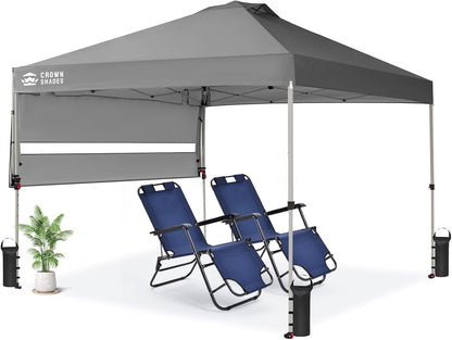 CROWN SHADES 10x10 Pop up Canopy Tent, Instant Commercial Canopy with Extend Awning, Patended Centerlock, 150D Silver Coated Fabric, 4 Ropes, 8 Stakes, 4 Weight Bags, STO 'N Go Bag, Grey