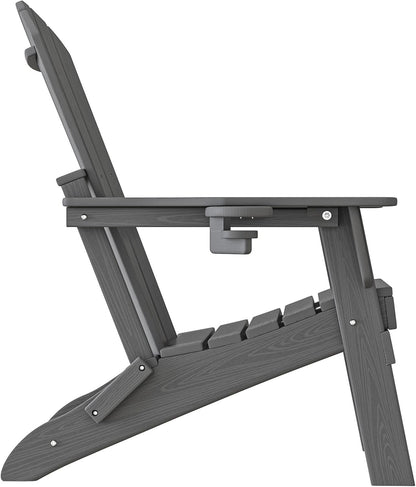 Folding Adirondack Chair - Extended Ergonomic Backrest, Cup Holder - Easy Assembly - Durable HDPE Plastic, Weather Resistant & Maintenance-Free - Lawn, Patio, Deck Supports 380lbs Grey