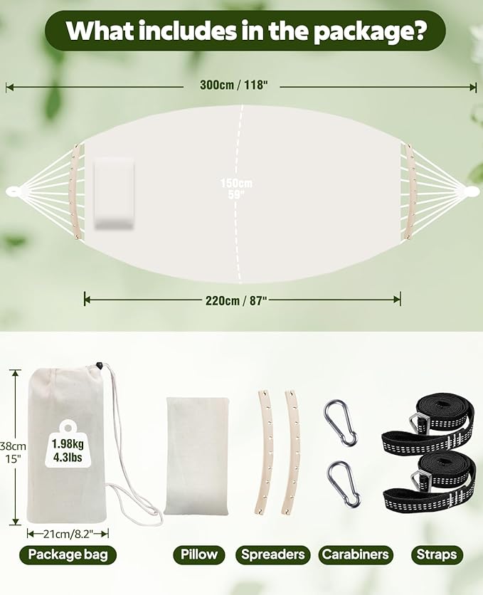 Chihee Hammock for Stand 9.8ft x 4.9ft Soft Cotton Hammock Holds Up to 660lbs Portable Tree Hammocks with Detachable Spreader Bar Pillow 2 Strong Webbings 2 Carabiners Patio Garden Indoor Outdoor
