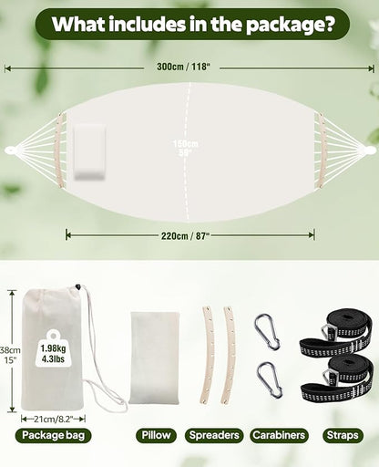 Chihee Hammock for Stand 9.8ft x 4.9ft Soft Cotton Hammock Holds Up to 660lbs Portable Tree Hammocks with Detachable Spreader Bar Pillow 2 Strong Webbings 2 Carabiners Patio Garden Indoor Outdoor