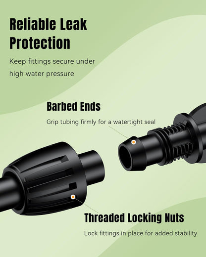 Pawfly 15 Pcs Drip Irrigation Fittings for 1/2 Inch Irrigation Tubing (1/2" ID x 0.64" OD), 1/2" Drip Line Connectors with Anti-Drop Lock Nuts, Barbed Coupling Parts for Garden Irrigation System