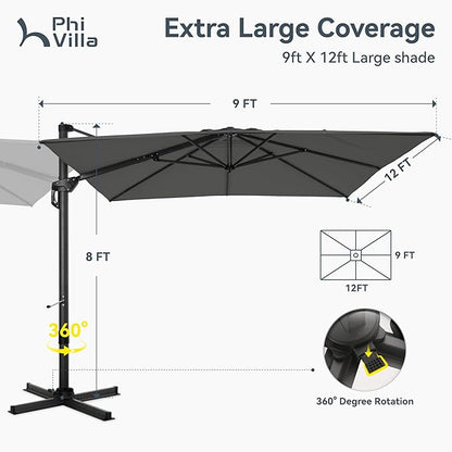 PHI VILLA 9'x12' Outdoor Patio Deck Umbrella with Base. 360° Rotation & 6-Level Tilt with Easy Crank Handle. Rectangle Offset Cantilever Umbrella Heavy Duty for Garden Poolside Backyard (Grey)