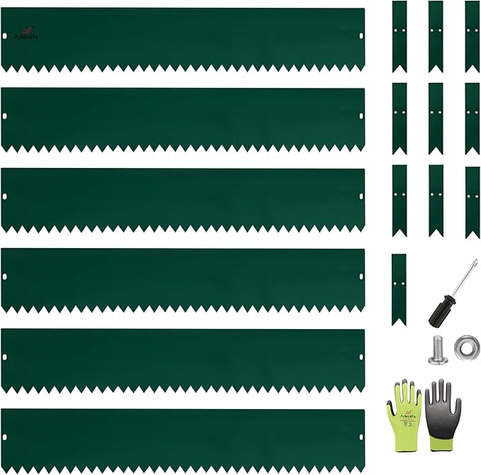 A ANLEOLIFE 6 Pack 40" LX 8" H Galvanized Steel Garden Landscape Edging, Bendable Hammer-in Metal Lawn Border with Gloves and 10 Stakes (20FT Total) (8 inch Tall, Green)