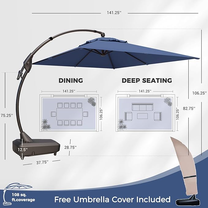 Grand patio 9x12 FT Outdoor Cantilever Umbrella with Base & Cover Large Aluminum Rectangle Offset Umbrellas for Pool Deck (Navy Blue, 9x12 FT)