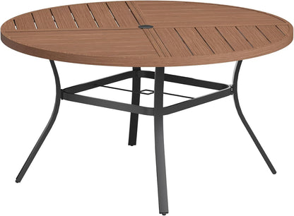 VICLLAX Round Patio Table with Adjustable Umbrella Hole for 6, All Weather Metal Outdoor Dining Table for Lawn Garden, 50" Outdoor Coffee Table, Walnut Wood-Like Tabletop