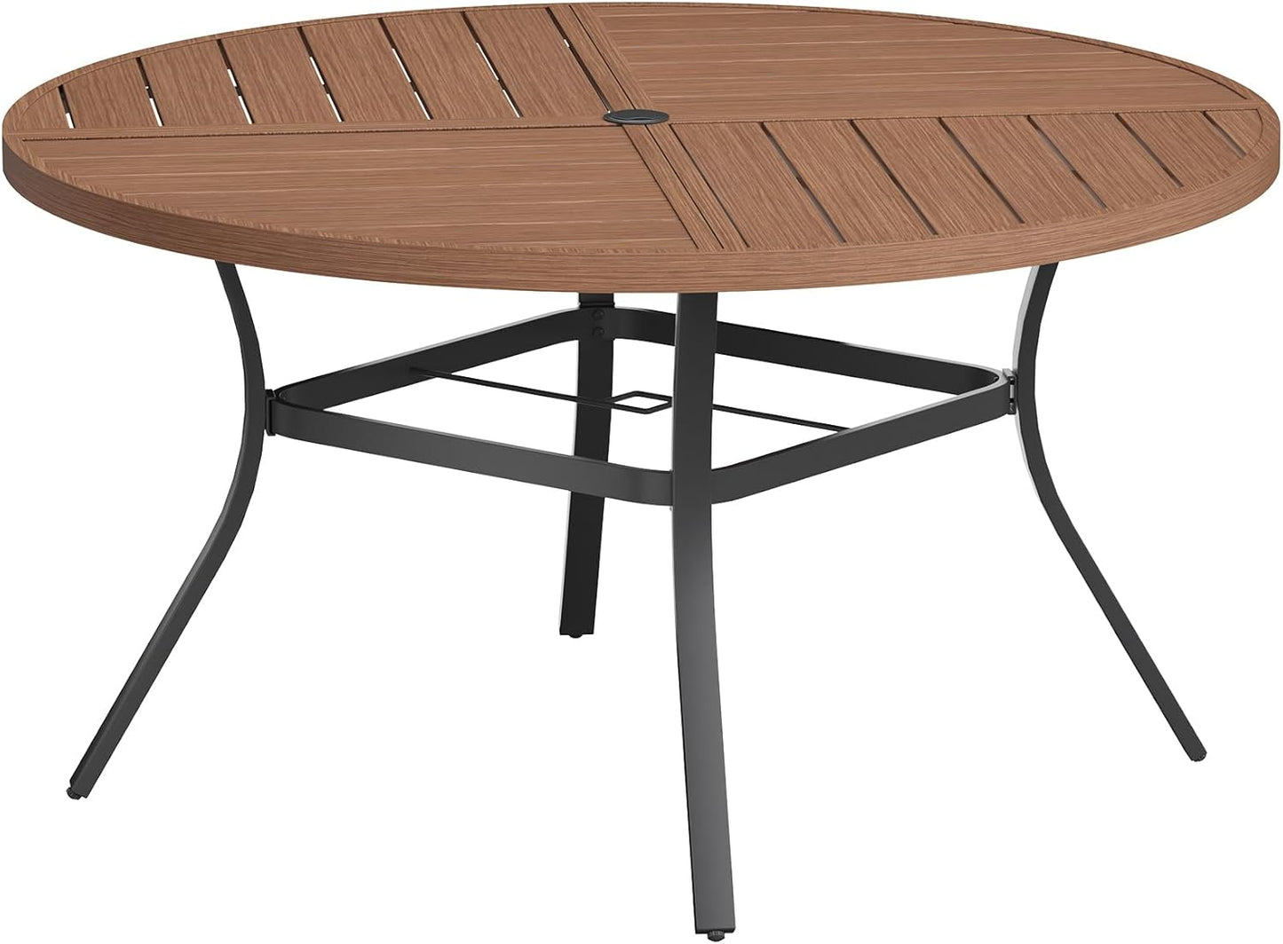 VICLLAX Round Patio Table with Adjustable Umbrella Hole for 8, All Weather Metal Outdoor Dining Table for Lawn Garden, 53.1" Outdoor Coffee Table, Walnut Wood-Like Tabletop