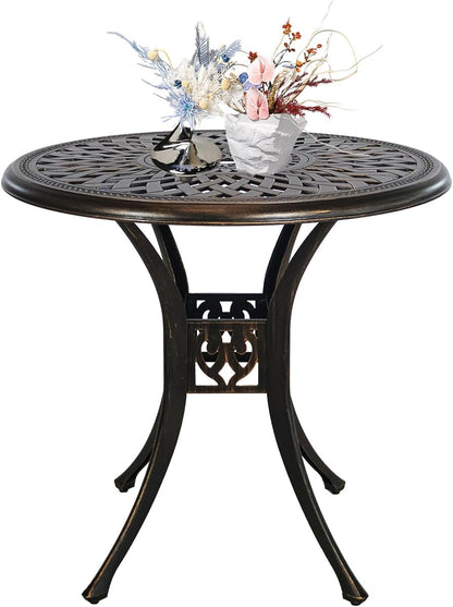 30.7" Outdoor Round Cast Wrought Aluminum Patio Metal Dining Table with Umbrella Hole, Cast Aluminum Frame Bistro Table for Backyard Lawn Balcony Deck, Bronze