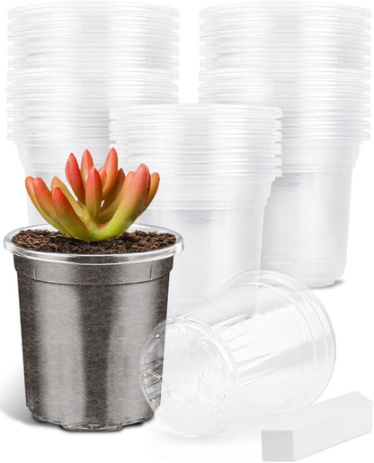 PACETAP 60Pack 3.5 Inch Reinforced Clear Nursery Pots with Drainage Holes, Variety Pack Plastic Plant Pots with 20 Plant Labels for Indoor Outdoor Flower Seed Starter