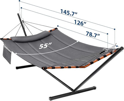 TegerDeger 12FT 2 Person Hammock with Stand Included 55 x 79IN Large Hammock 450LB Capacity with Hardwood Spreader Bar & Nylon Rope for Outside, Patio, Garden, Backyard, Beach, Poolside - Gray