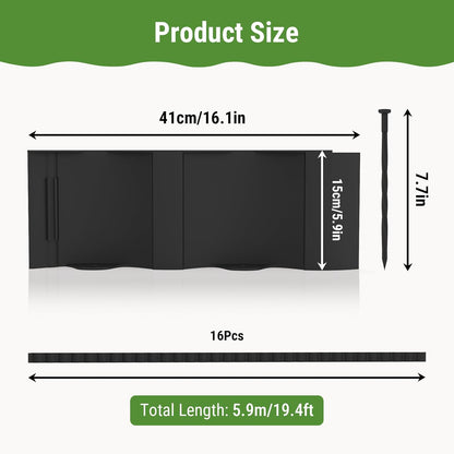 Mars Villa Landscape Edging 20FT, Interlocking Landscape Edging 5.9in No Dig Garden Edging Border for Landscaping, Flexible Flower Bed Lawn Edging for Outdoor Pathway, with Stakes,(Black,16PCS)