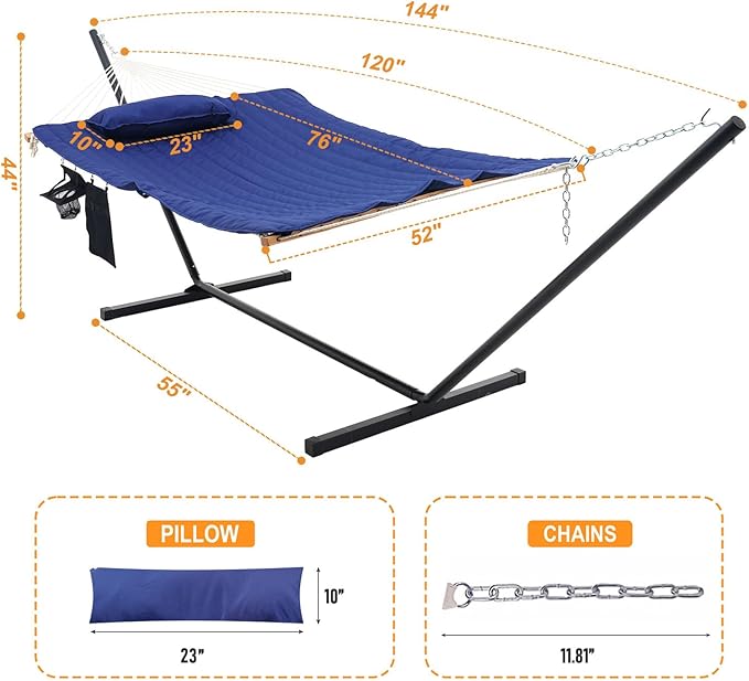 Lazy Daze Hammocks Double Outdoor Hammock with 12 ft Steel Stand, 2 Person Cotton Rope Hammock with Quilted Pad, Spreader Bars, Detachable Pillow, Mag Bag & Cup Holder, Blue