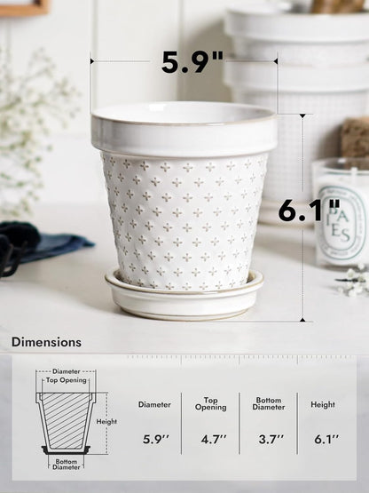 LE TAUCI Ceramic Plant Pots, 6 Inch Flower Pot with Drainage Hole & Saucer, Embossed Planter Pots for Indoor Plant Succulent, Orchid, Cactus, Home Decor - Set of 4, Arctic White