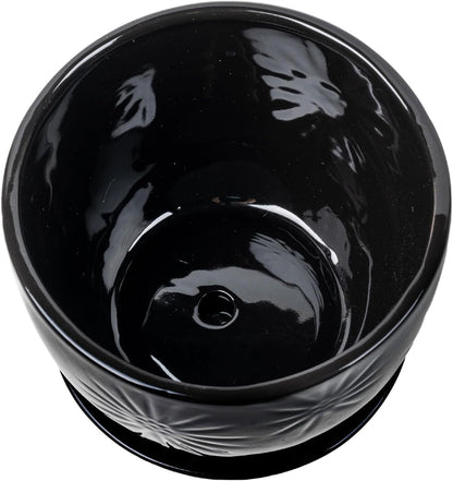 MyGift 7 Inch Glossy Black Ceramic Plant Pot with Drainage Hole and Attached Saucer, Modern Decorative Embossed Sunburst Planter Container for Indoor Home Garden
