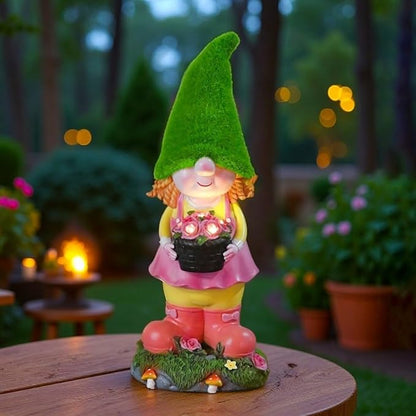 Garden Solar Resin Gnome Girl Statue with Solar Powered Night Light for Porch, Patio and Indoor Decoration