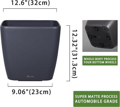 Dexceder 13x12 Self Watering Planter with Wheels Indoor Outdoor, Inner Mat Design, Thickened Large Floor Standing Flower Plant Pot with Water Level Indicator (Slate Gray Matte)