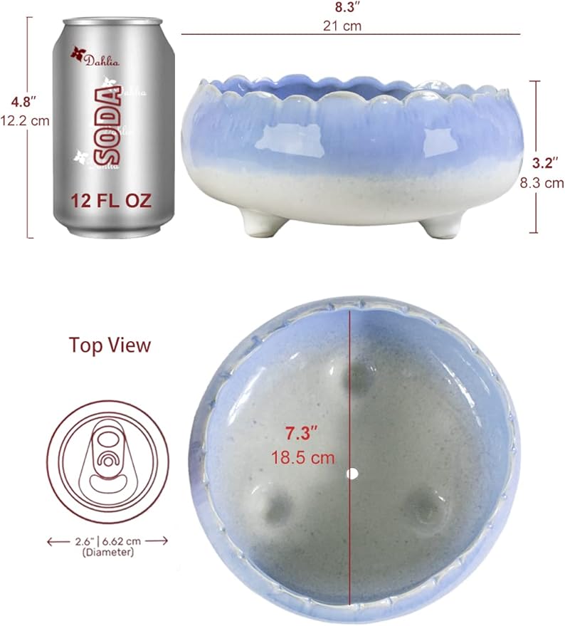 Dahlia 8.3'' Inch Large/Shallow/Wide Drip Glazed Ceramic Planter/Succulent Pot/Plant Pot, Blue