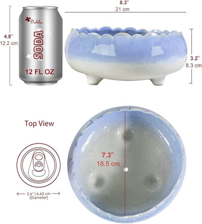 Dahlia 8.3'' Inch Large/Shallow/Wide Drip Glazed Ceramic Planter/Succulent Pot/Plant Pot, Blue