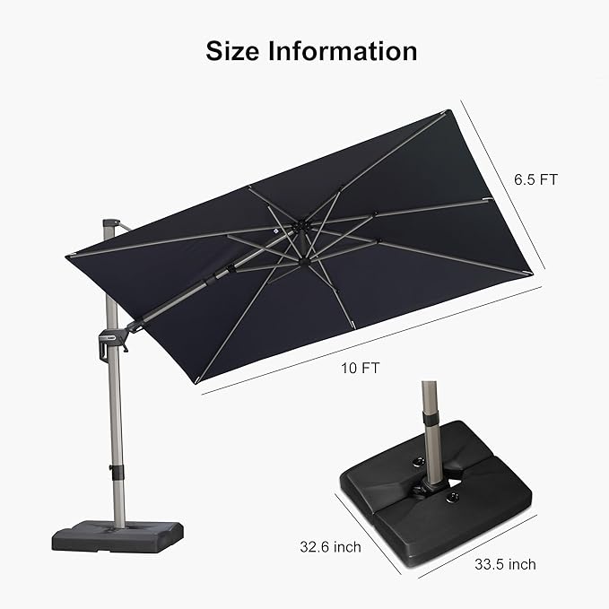 PURPLE LEAF 10' X 6.5' Left-right Tilting Patio Umbrella with Base Outdoor Swivel Cantilever Offset Aluminum Umbrella with Champagne Frame and 360-degree Rotation for Garden Deck Pool, Navy Blue