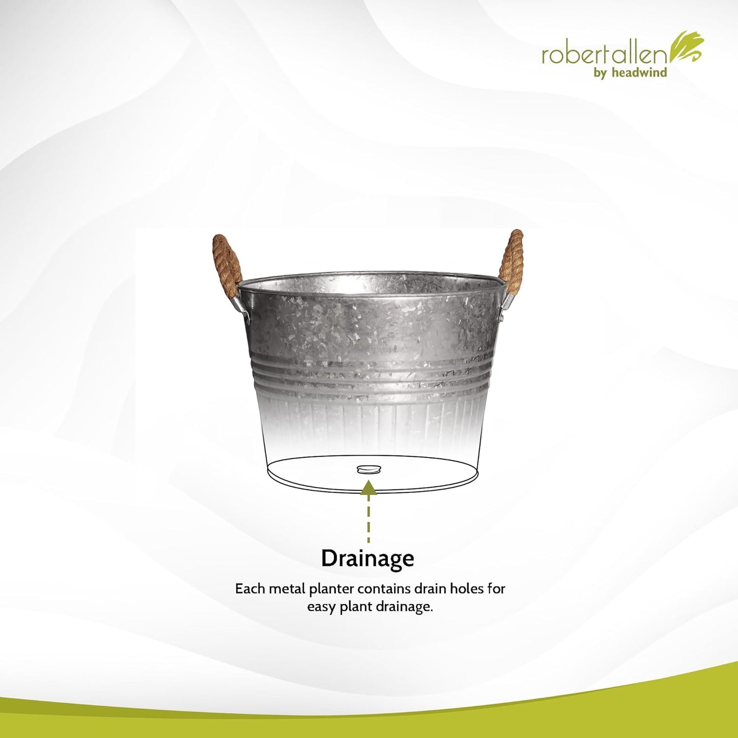 Headwind Round Galvanized Bucket w/Rope Handles – 6 Inch Metal Tub Bucket Planter for Outdoor Plants with Drainage Hole – Galvanized Large Outdoor Planters Buckets by Robert Allen