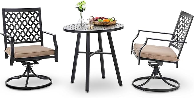 PHI VILLA 3 Piece Outdoor Bistro Dining Set for 2, Metal Steel Round Table & Swivel Wrought Iron Chairs, Small Furniture Conversation Set for Patio, Porch, Deck, Balcony
