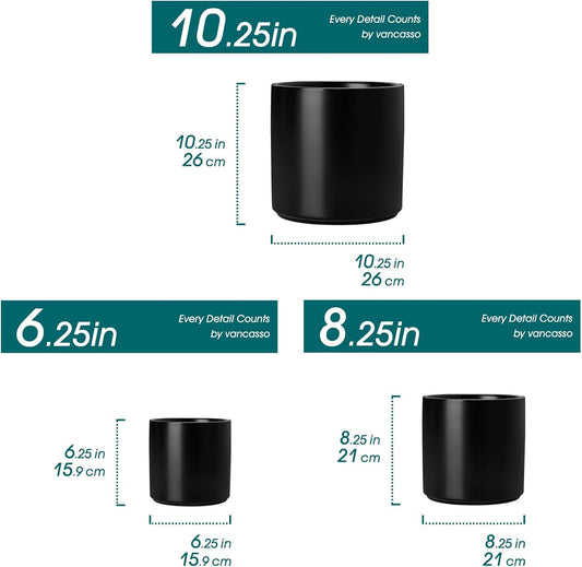 vancasso 6"+8"+10" Ceramic Pot for Plants, Large Outdoor Indoor Planter Pots with Drainage Holes, Set of 3, Black