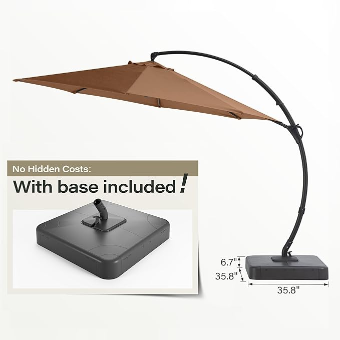 LAUSAINT HOME Outdoor Patio Umbrella with Base included, 12 FT Deluxe Curvy Cantilever Umbrella Offset Hanging umbrella with 360° Rotation for Market, Pool, Garden, Backyard, Deck (Tan, 12 FT)