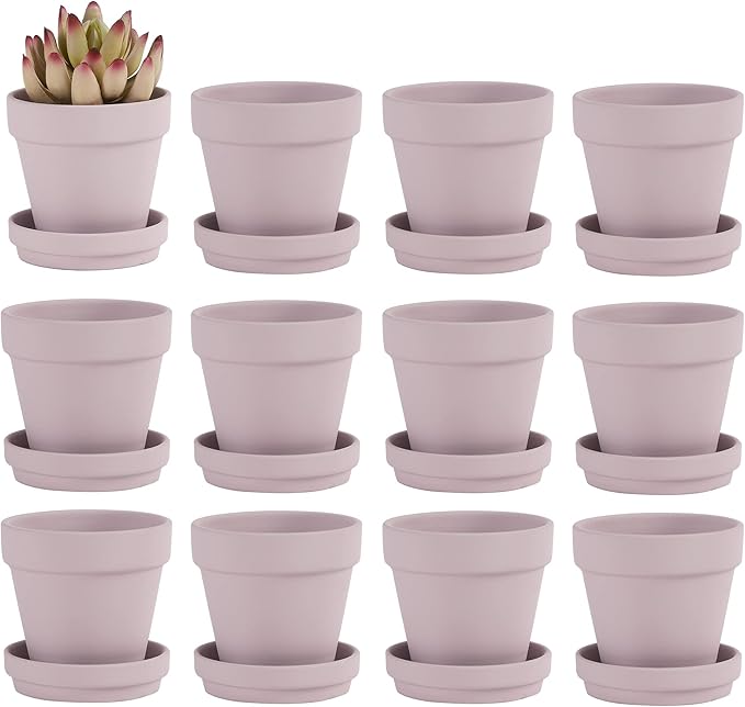 Fcacti 3 Inches Small Pink Terracotta Pots with Saucer, 12 Pack 3" Terra Cotta Planter with Drainage Holes, Small Clay Flower Pots for Plants, Succulents, Crafts, Wedding Favor