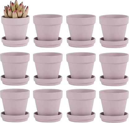 Fcacti 3 Inches Small Pink Terracotta Pots with Saucer, 12 Pack 3" Terra Cotta Planter with Drainage Holes, Small Clay Flower Pots for Plants, Succulents, Crafts, Wedding Favor