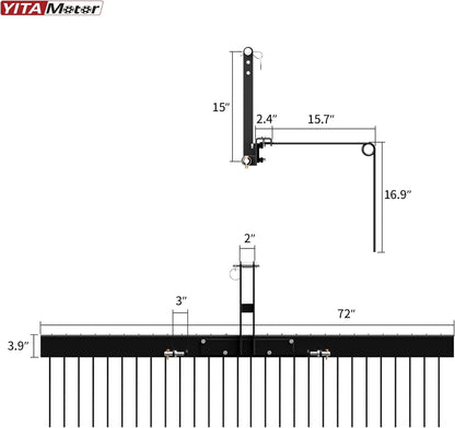 YITAMOTOR 72 Inch Durable Powder Coated Steel Pine Straw Rake Steel Spring Landscape Rake Attaches to Cat 0 Cat 1，3 Point Hitch for Tractor, Black Grey