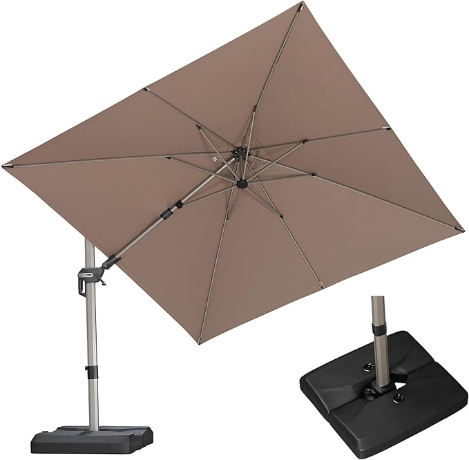 PURPLE LEAF 10' X 10' Left-right Tilting Patio Umbrella with Base Outdoor Swivel Cantilever Offset Aluminum Umbrella with Champagne Frame and 360-degree Rotation for Garden Deck Pool, Taupe
