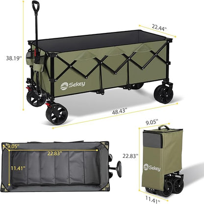 Sekey 48''L Collapsible Foldable Extended Wagon with 440lbs Weight Capacity, Heavy Duty 300L Folding Utility Garden Cart with Big All-Terrain Beach Wheels & Drink Holders. Khaki