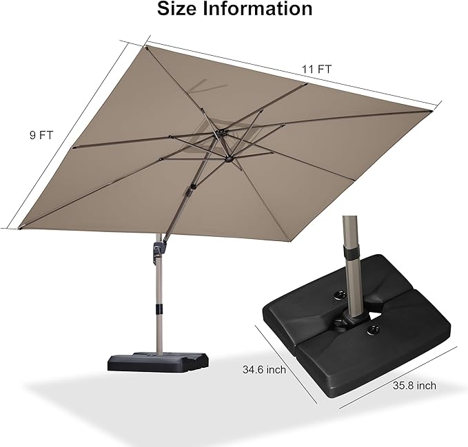 PURPLE LEAF 9' x 11' Patio Umbrella with Base Cantilever Umbrella Rectangular Outdoor Offset Umbrella with Champagne Frame and 360° Rotation for Garden Deck Pool, Taupe