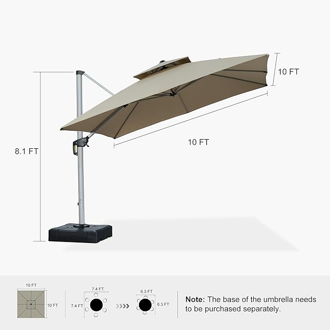 PURPLE LEAF 10ft Cantilever Outdoor Patio Umbrella Large Heavy Duty 360° Rotation Double Top Offset Rectangular Umbrellas for Backyard Deck Pool, Spectrum Sand
