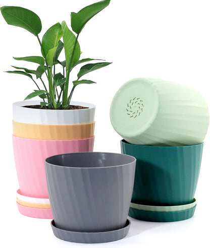 6 Inch Plant Pots Bulk, 6 Pack Plastic Planters with Drainage Holes and Saucers for Indoor Outdoor House Plants and Flowers, Colorful