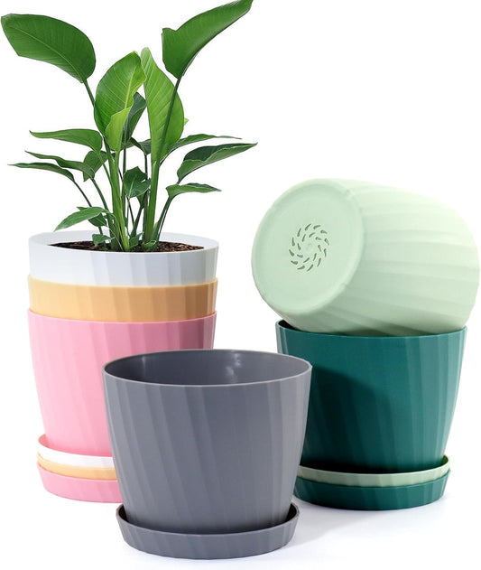 6 Inch Plant Pots Bulk, 6 Pack Plastic Planters with Drainage Holes and Saucers for Indoor Outdoor House Plants and Flowers, Colorful