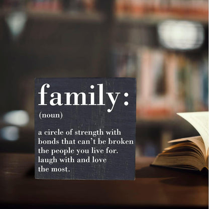 Family Noun Family Quotes Desk Decor Wooden Box Sign Inspirational Rustic Black Wood Block Plaque Box Sign for Home Farmhouse House Kitchen Bathroom Living Room Shelf Table Decoration