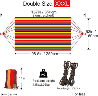 Brazilian Double Hammock 2 Person Extra Large Canvas 250x160cm Total Length 350cm Load 500lb Cotton Hammock for Garden Outdoor and Indoor Rainbow(98 * 65'')