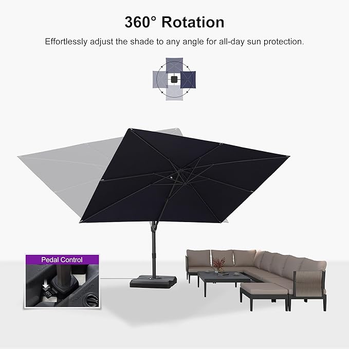 PURPLE LEAF 9' X 11.5' Patio Cantilever Umbrella Outdoor Rectangle Adjustable Offset Umbrellas with 360-degree Rotation and 8 Heavy Duty Metal Ribs for Garden Deck Pool Navy Blue