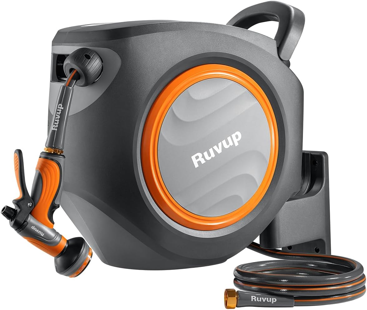 Ruvup Retractable Garden Hose Reel, 5/8in x 100ft Water Hose Reel with Metal Bracket, UV Resistant Automatic Hose Reel Wall Mount for Outside, Slow Retraction Any Length Lock 10 Spray Nozzle