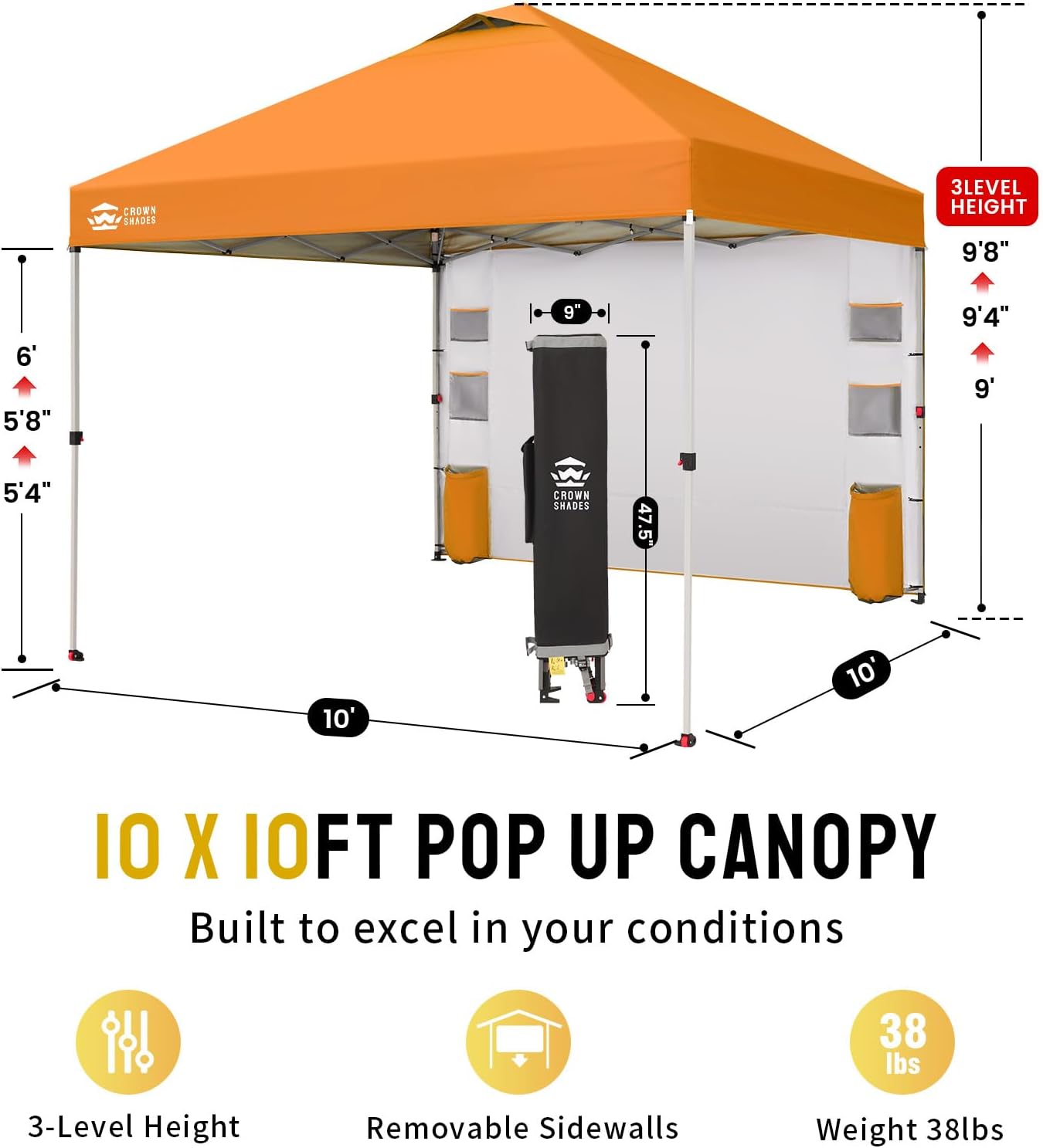 CROWN SHADES Canopy Tent, 10 x 10 Foot Portable Pop Up Outdoor Shelter with Pocket Sidewall, Push Center Lock, UV Protection, and Carry Bag, Orange