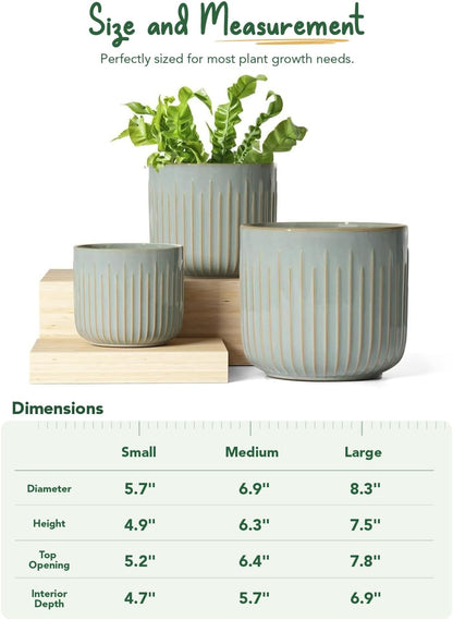 LE TAUCI Fluted Ceramic Planters Set of 3 – 8.3/7 / 5.7 in Blue Gray Reactive Cylinder Indoor Plant Pots with Drainage Plug & Mesh, Glossy Stoneware Flower Pots for Succulents Herbs