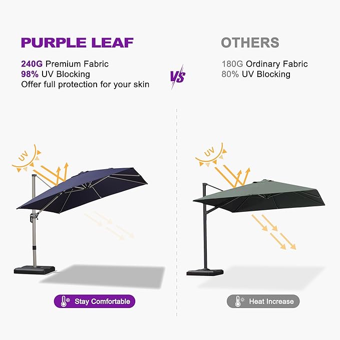 PURPLE LEAF 9' X 11.5' Patio Umbrella, Rectangle Outdoor Cantilever Umbrella, Aluminum Offset Umbrella with Champagne Frame and 360° Rotation for Pool Deck Garden, Navy Blue