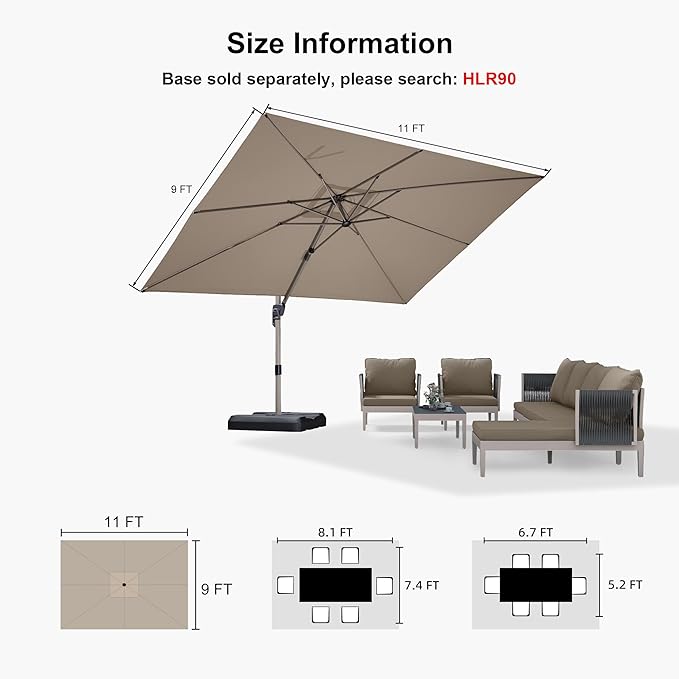 PURPLE LEAF 9' X 11.5' Patio Umbrella, Rectangle Outdoor Cantilever Umbrella, Aluminum Offset Umbrella with Champagne Frame and 360° Rotation for Pool Deck Garden, Taupe