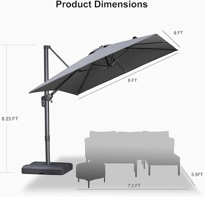 PURPLE LEAF 8 FT Cantilever Patio Umbrella with Base Outdoor Aluminum Offset Square Umbrella with 3 Years Fade Resistance Recycled Fabric and 360-degree Rotation for Deck Pool Garden, Mist Grey